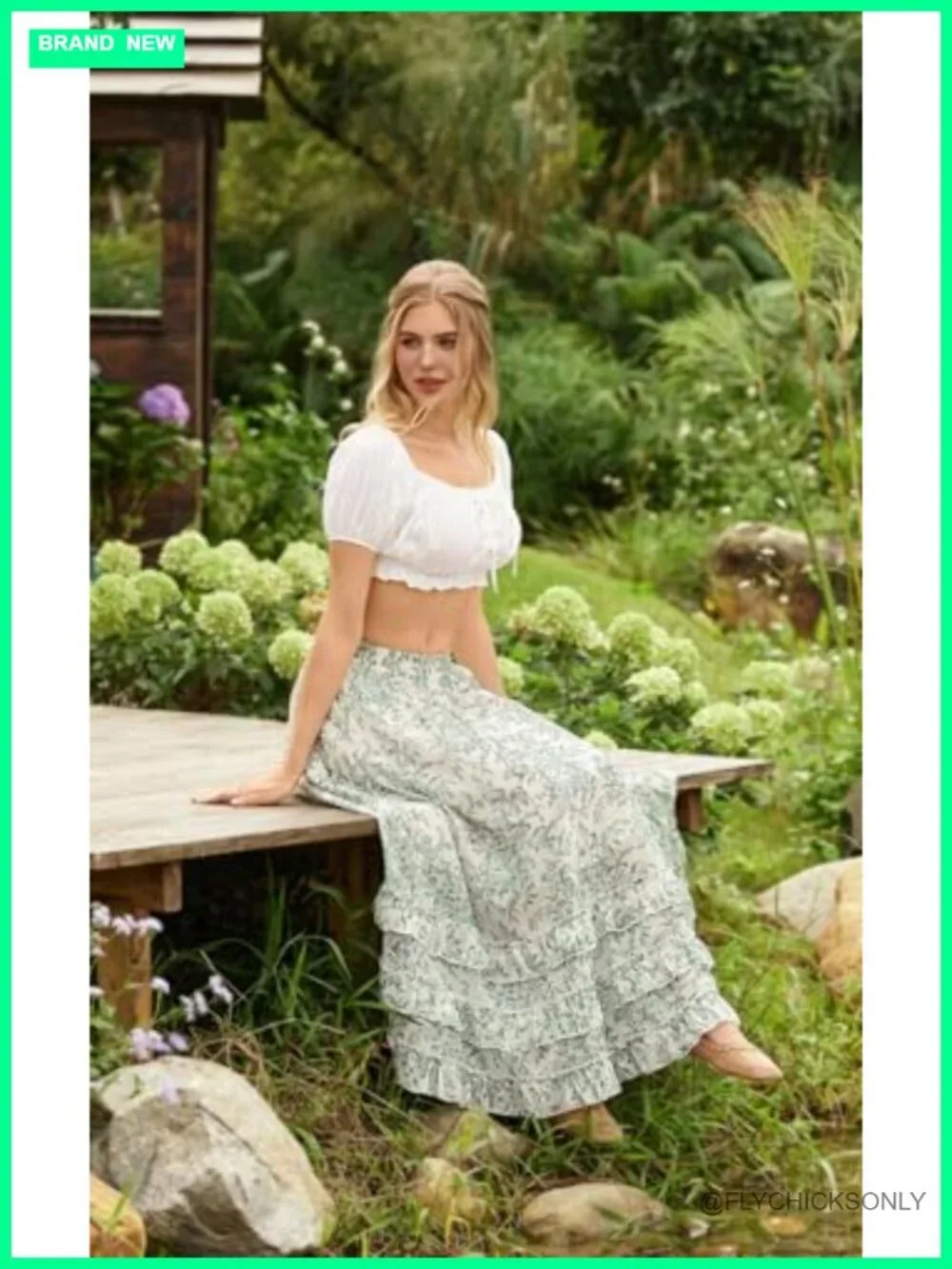 Floral Chiffon Maxi Skirt With Pockets Elastic High Waist Flowy Ruffle